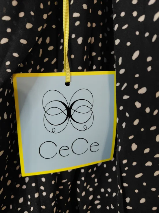 CeCe Black White Speckled Print Blouse Medium NWT Tie Neck Sheer Long Sleeve - Picture 4 of 10